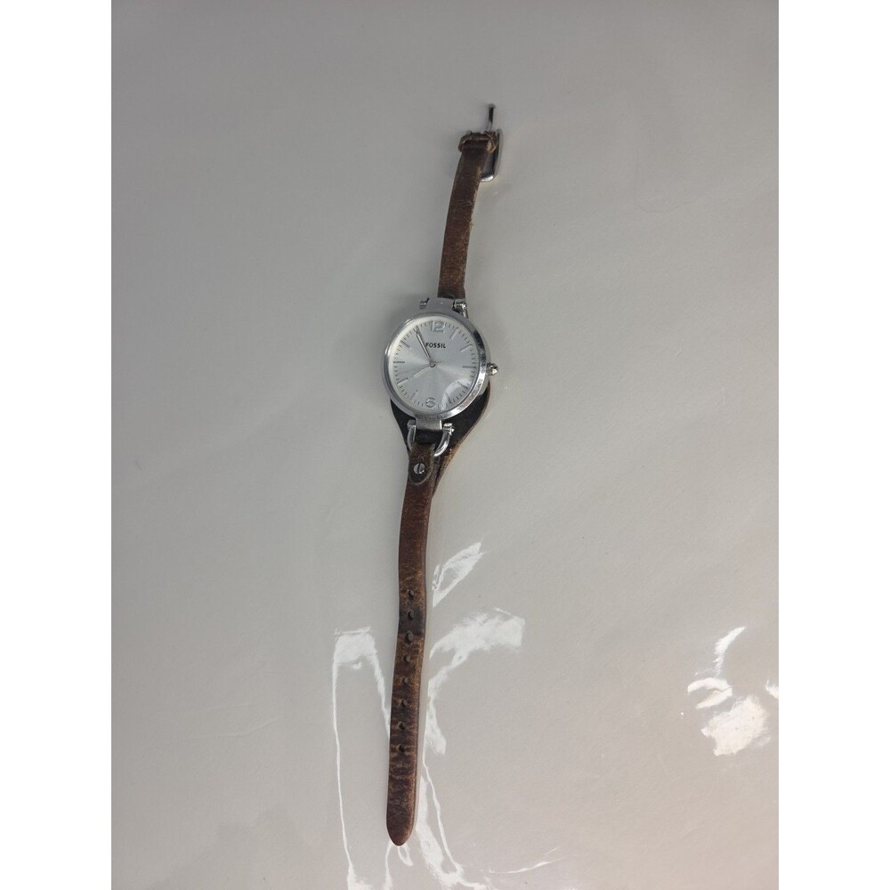 Fossil 32mm Silver Case White Dial On Branded Brown Bund Strap